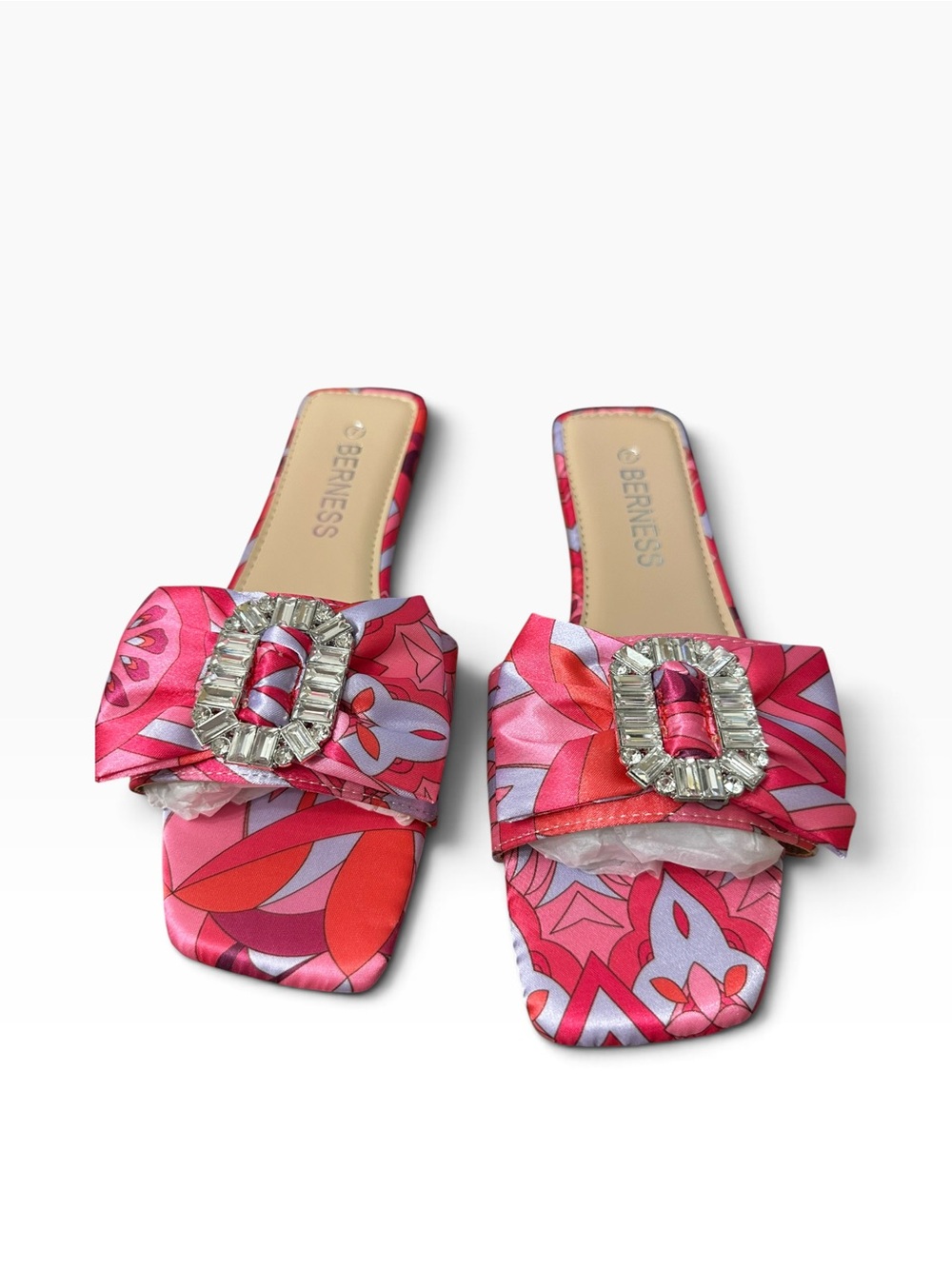 BERNESS Pink Floral Rhinestone Buckle Square Toe Slide Sandals
